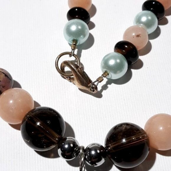 Faceted Teardrop Smokey Quartz Necklace Rhodonite Faux Pearls Silver - Picture 7 of 7